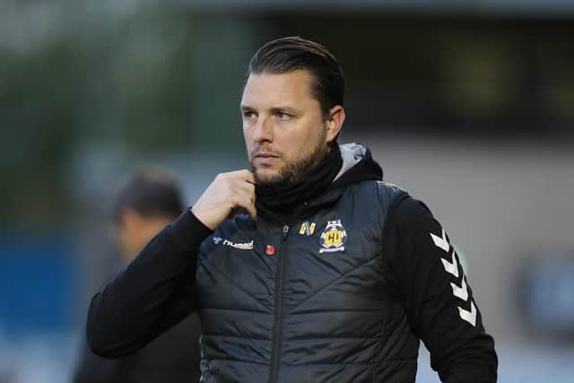 NORTHAMPTON, ENGLAND - NOVEMBER 06:Cambridge United manager Mark Bonner looks on during the Emirates FA Cup First Round match between Northampton Town and Cambridge United at Sixfields on November 06, 2021 in Northampton, England. (Photo by Pete Norton/Getty Images)