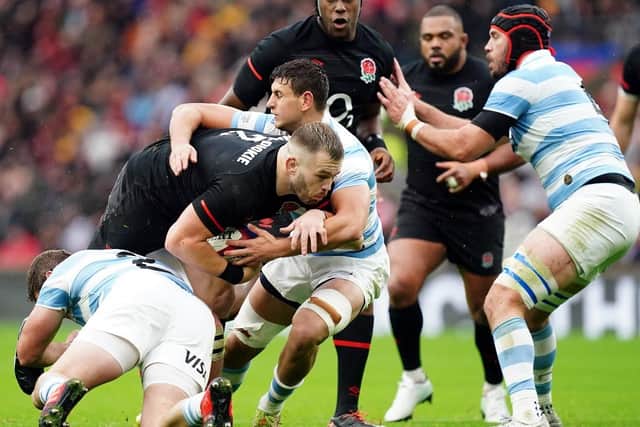 PRIMED AND READY: Argentina's Julian Montoya tackles England's Luke Cowan-Dickie when the two teams met last November at Twickenham. Picture: Dave Davies/PA