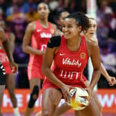 Playing with a smile on her face: Huddersfield-born Imogen Allison playing for England in a pool game against Fiji in this summer's World Cup in Cape Town, South Africa. (Picture: Ashley Vlotman/Gallo Images/Netball World Cup 2023)