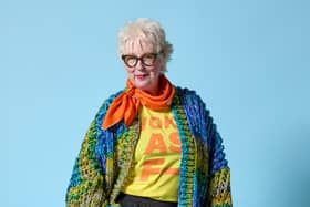Comedian Jenny Eclair wears Bo Carter Woke as F- T-shirt, £45; Norma cardigan, £380; The Fashion Loves Comedy shoot took place at Tooting Tram & Social, photography: @stevegabbett photography assistant: @calsila hair & make-up artist: @annabelmua