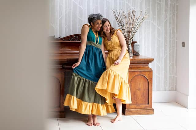 Izzy Butcher and Anthea Okereke wear the IzzoSew Studio Rivelin Ruffle Dress. IzzoSew Studio patterns come as a paper product for £16.95 or as a pdf version to print off. There are also hour-long tutorials online. Picture by Kirsten Johnson at Instagram: IamKirstenPhotography