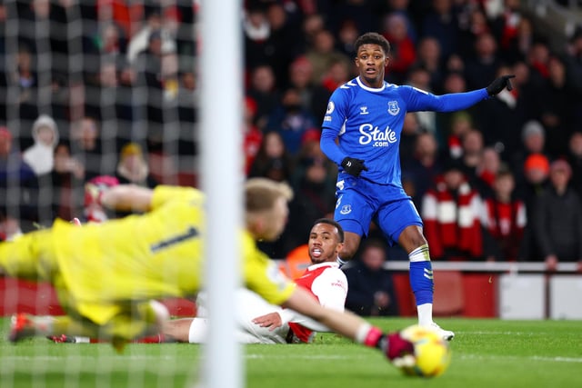 Demarai Gray of Everton has his shot saved by Aaron Ramsdale of Arsenal. Gray has played 1732 minutes, scored 3 goals, 1, assist, 4 contributions, 433 minutes per contribution (Picture: Clive Rose/Getty Images)