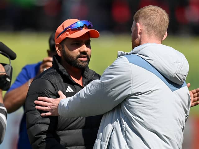 England captain Ben Stokes congratulates his opposite number Rohit Sharma after India won the final Test by an innings to take the series 4-1. Photo by Gareth Copley/Getty Images.