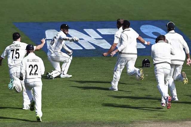 GOTCHA: New Zealand team-mates celebrate the wicket of England's James Anderson for their one-run victory on day five in Wellington Picture: Andrew Cornaga/Photosport via AP
