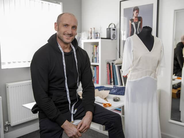 Yorkshire fashion designer James Steward in his studio. James currently works with MLA but is also a celebrity couture fashion designer.