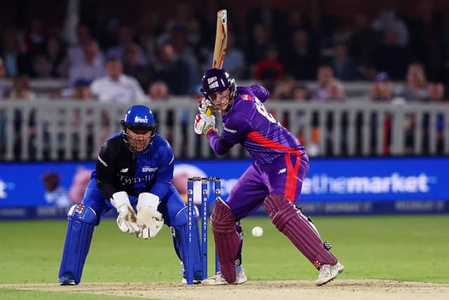 Harry Brook of Northern Superchargers bats as Adam Rossington of London Spirit looks on during The Hundred (Picture: Clive Rose/Getty Images)