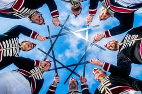 Members of the Handsworth Traditional Sword Dancers performing in Tudor Square, opposite the Crucible, in Sheffield, South Yorkshire.
Picture By Yorkshire Post Photographer,  James Hardisty. Date: 29th January 2023.