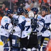 BAD NIGHT: Coventry Blaze's players celebrate their late win at Sheffield Steelers on Saturday. Picture courtesy of Dean Woolley/Steelers Media/EIHL