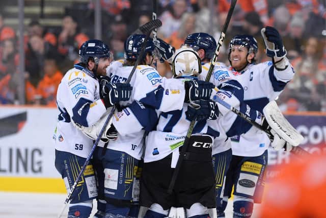BAD NIGHT: Coventry Blaze's players celebrate their late win at Sheffield Steelers on Saturday. Picture courtesy of Dean Woolley/Steelers Media/EIHL