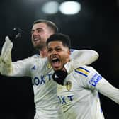 Leeds United's Georginio Rutter and Patrick Bamford celebrate at full-time after the Whites' thrilling comeback victory over Leicester City on Friday night. Picture: Jonathan Gawthorpe.