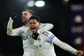 Leeds United's Georginio Rutter and Patrick Bamford celebrate at full-time after the Whites' thrilling comeback victory over Leicester City on Friday night. Picture: Jonathan Gawthorpe.