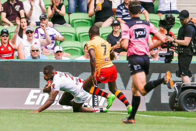 Jermaine McGillvary dives over to score against PNG. (Picture: Brendon Ratnayake / www.photosport.nz)