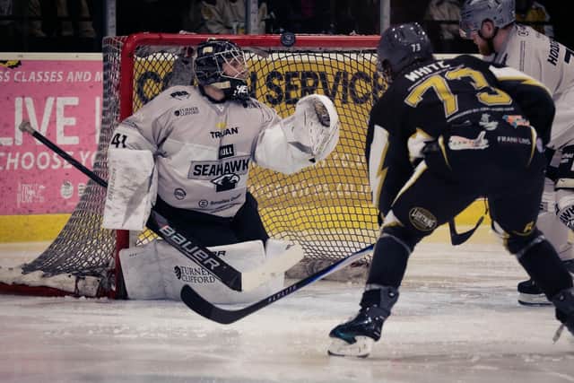 NOT THIS TIME: Hull Seahawks' netminder Aleksanteri Heiskanen denies Milton Keynes' Jarred White during Sunday's NIHL National clash in Hull. Picture: Kim Elliott/Seahawks Media.