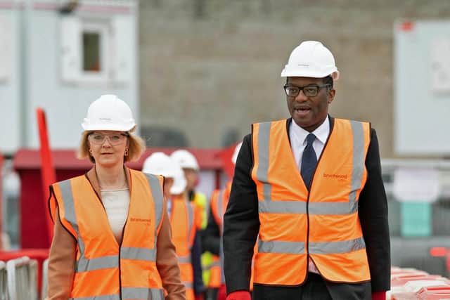 Prime Minister Liz Truss and Chancellor of the Exchequer Kwasi Kwarteng during a visit to a construction site for a medical innovation campus in Birmingham, on day three of the Conservative Party annual conference at the International Convention Centre in Birmingham. Picture date: Tuesday October 4, 2022.