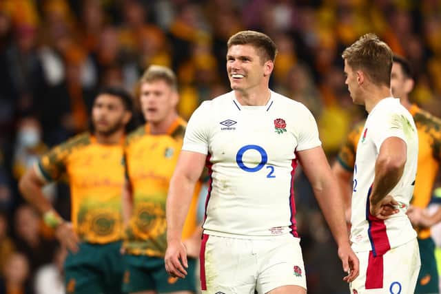 Owen Farrell of England looks on during game two of the International Test Match series between the Australia Wallabies and England at Suncorp Stadium on July 09, 2022 in Brisbane, Australia. (Photo by Chris Hyde/Getty Images)