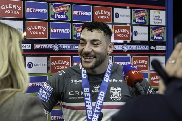Jake Connor is awarded the Betfred man of the match award after victory over Leeds Rhinos. (Picture: Allan McKenzie/SWpix.com)