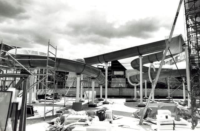 Constructing the flumes at Ponds Forge in August 1990