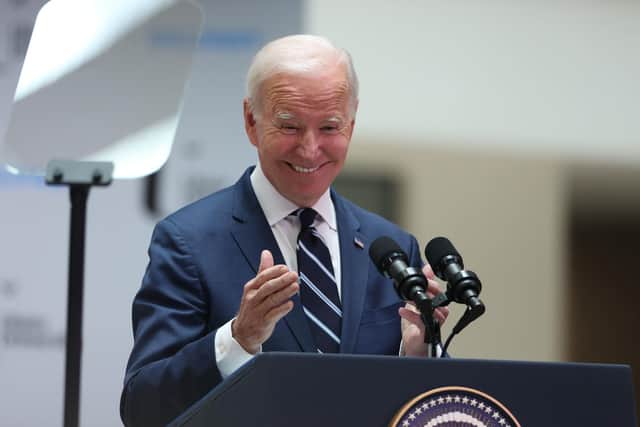 US President Joe Biden delivers his keynote speech at Ulster University in Belfast. PIC: Liam McBurney/PA Wire
