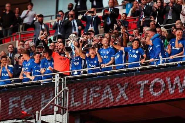 FC Halifax Town lift the 2023 FA Trophy after beating Gateshead in the final at Wembley in May. Picture: Rhianna Chadwick/PA Wire.