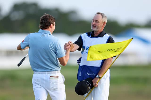 Yorkshire connection: Matt Fitzpatrick of England celebrates with caddie Billy Foster from Bingley after winning on the third playoff hole against Jordan Spieth (not pictured) of the United States during the final round of the RBC Heritage at Harbour Town Golf Links (Picture: Andrew Redington/Getty Images)