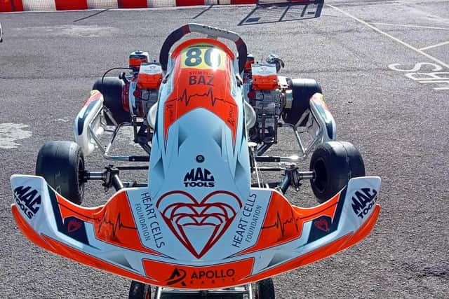 Barry's kart with Heart Cells Foundation logos.