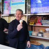 Labour Party leader Sir Keir Starmer with an ice cream during a visit to the seaside resort of Blackpool. PIC: Peter Byrne/PA Wire