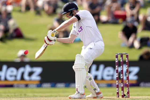 RUN MACHINE: England's Harry Brook drives through the covers off the backfoot against New Zealand on day one of the first Test in Tauranga Picture: Aaron Gillions/Photosport via AP