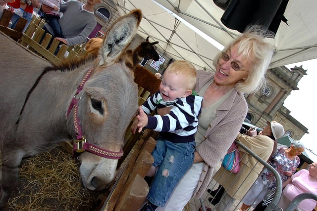 Hazel Smith, aged 57, of Hexthorpe, and grandson Logan Cassell, aged two, getting to know miniature donkey, Thomas back in 2008