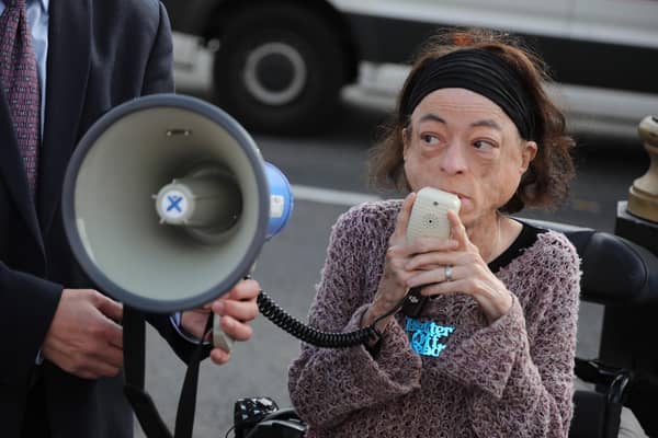 Liz Carr speaks during a demonstration as campaigners for and against the Assisted Dying Bill gather at Old Palace Yard on September 11, 2026 in London. (Photo by Alishia Abodunde/Getty Images)
