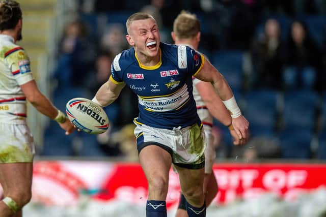 BIG YEAR AHEAD: Harry Newman celebrates a try for Leeds Rhinos against Wakefield Trinity in March this year. Picture: Bruce Rollinson