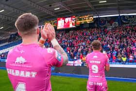 Hull KR celebrate with their fans at Huddersfield. (Photo: Olly Hassell/SWpix.com)