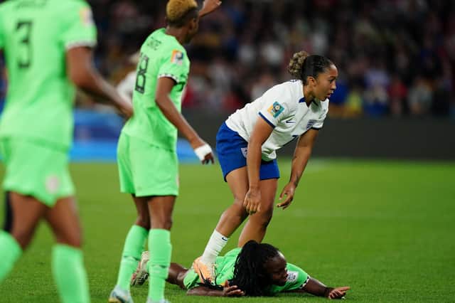 OFF YOU GO: England's Lauren James fouls Nigeria's Michelle Alozie leading to a red card during the last 16 match at Brisbane Stadium. Picture: Zac Goodwin/PA
