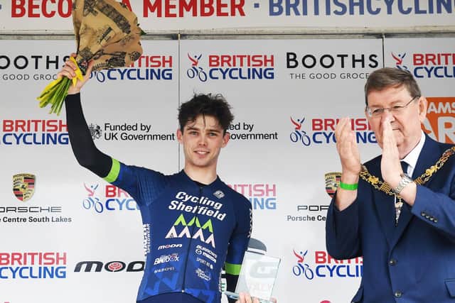 Successes: George Wood of Cycling Sheffield on the podium receiving the combativity award at the 2023 Lancaster Grand Prix (Picture: Olly Hassell/SWpix.com)