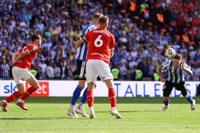 DECIDING MOMENT: Josh Windass's diving header which saw Sheffield Wednesday to a 1-0 League One Play-Off final win over Barnsley