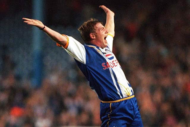 Wednesday's Ritchie Humphrey's celebrates after scoring the opening goal against Leicester in the 1990s. Picture: Ross Parry