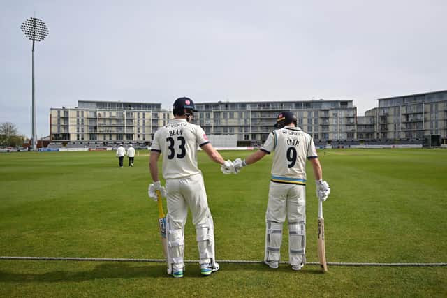 Fin Bean, left, and Adam Lyth prepare to open the batting for Yorkshire on day one in Bristol. The visitors were ultimately forced to settle for a draw. Photo by Dan Mullan/Getty Images.