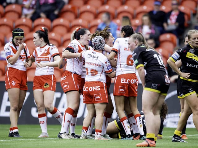 Emily Rudge is congratulated on scoring a try against York. (Photo: Allan McKenzie/SWpix.com)
