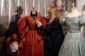 The Art of Making Historical Fashion a new exhibition at  the Bankfield Museum, Halifax.
Pictured is Elinor Camille-Wood,  curator of the exhibition with costumes from Gentleman Jack designed by Tom Pye.
Picture Bruce Rollinson