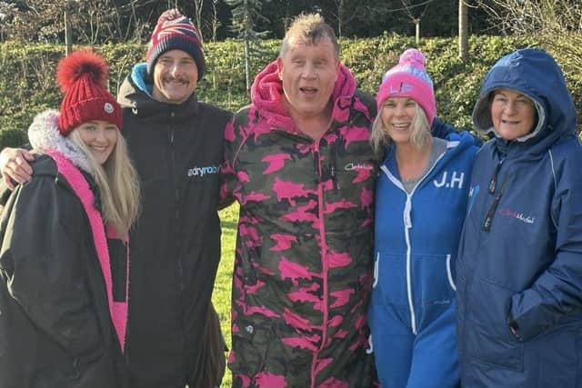 Jacqui Hargrave, an open air swimmer from Knaresborough, pictured second from right, with members of the GB International Ice Swimming team, and Bear Grylls, second from left.