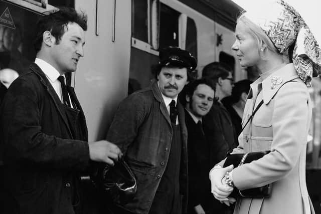 HRH Duchess of Kent talks to driver Chris Cubitt, Jim Brodie, firemen Terry Newman and John Whitbread. (Pic credit: NYMR Archive)