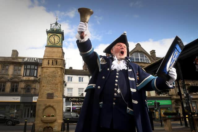 Otley Town Crier Terry Ford, pictured in Otley Market Place. Picture taken by Yorkshire Post Photographer Simon Hulme 24th July 2023










