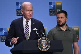 US President Joe Biden speaks at an event with G7 leaders and Ukrainian President Volodymyr Zelensky. PIC: Paul Ellis/PA Wire