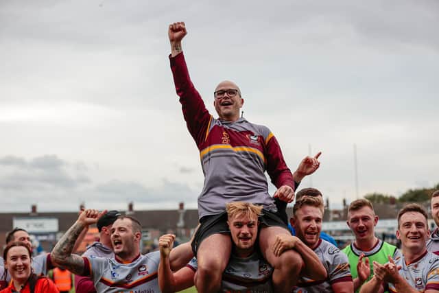 Craig Lingard celebrates last year's play-off win at Featherstone Rovers. (Photo: Neville Wright)