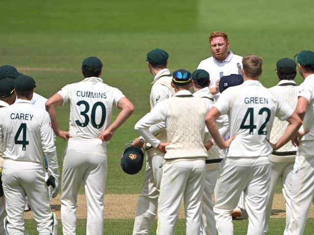England batsman Jonny Bairstow speaks to the Australia fielders after controversially being stumped during the 5th day of the LV=Insurance Ashes Test Match at Lord's (Picture: Stu Forster/Getty Images)
