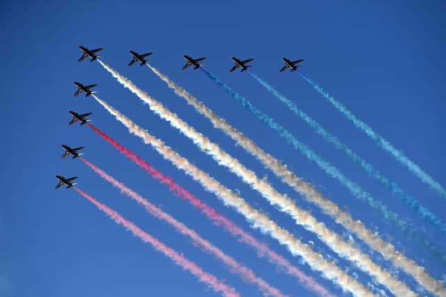 The Red Arrows perform a fly-past (Photo by DANIEL LEAL-OLIVAS / AFP) (Photo by DANIEL LEAL-OLIVAS/AFP via Getty Images)
