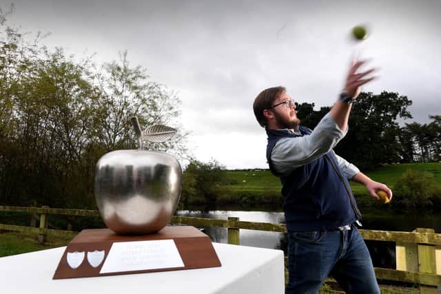 Apple Throwing Championships at Newby Hall and Gardens, located near Ripon. Alex McDonnell takes part in the Apple Throwing Championships Picture taken by Yorkshire Post Photographer Simon Hulme 1st October 2023



