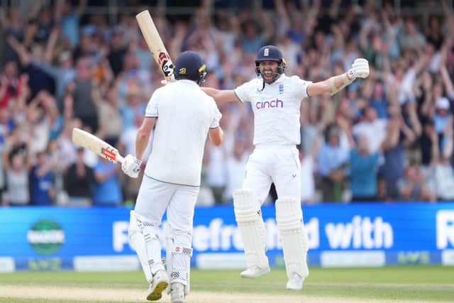 TRIUMPH: England's Chris Woakes and England's Mark Wood celebrate beating Australia at Headingley Picture: Danny Lawson/PA