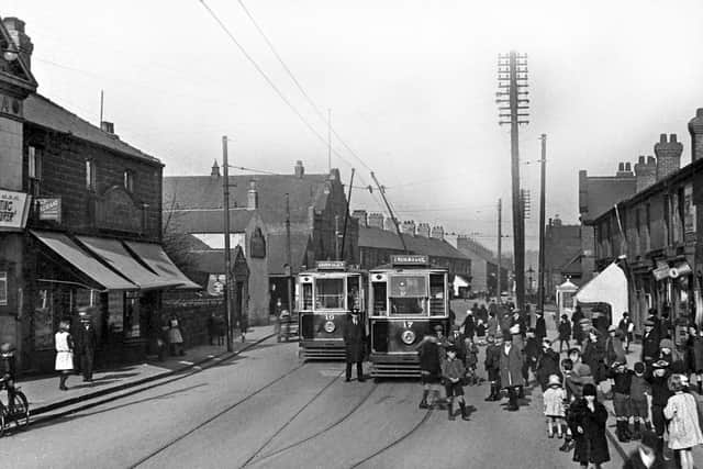 Peter Tuffrey collection: Dearne District Trams at Goldthorpe Picture House on left