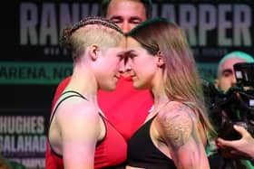 Hannah Rankin and Terri Harper face off after their weigh-in. Picture: Mark Robinson/Matchroom Boxing