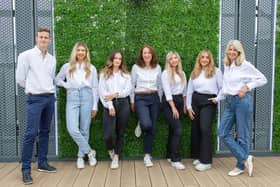 Photograph of the Intandem Team (Left to right): Oliver Lamb, Account Manager, Georgie Harmer, Account Manager, Lauren Cooper, Account Manager, Rachel Goddard, Managing Director, Alicia Tweedie, Account Executive, Ru Beer, PR & Marketing Assistant and Susan Kay, Associate Director.